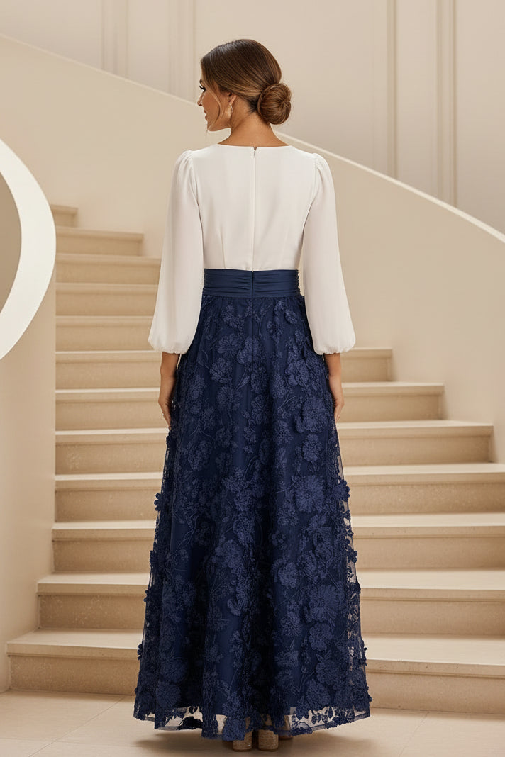 Long Sleeve V-Neck 3D Floral Maxi Evening Dress