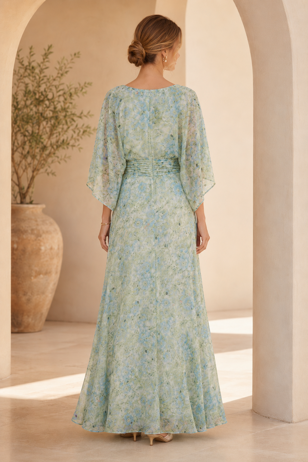 Floral Chiffon A-Line Gown with Flutter Sleeves