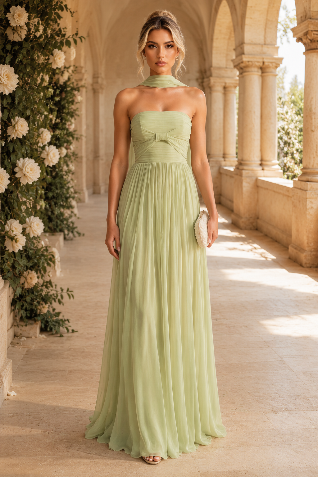 Trägerloses, gerafftes Maxikleid mit Schal-Ausschnitt