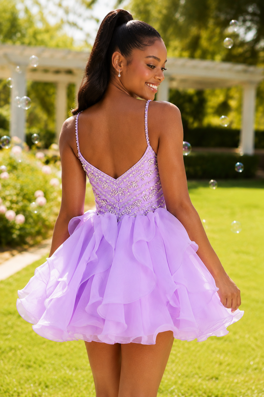 Beaded Bodice Ruffled Organza Mini Dress