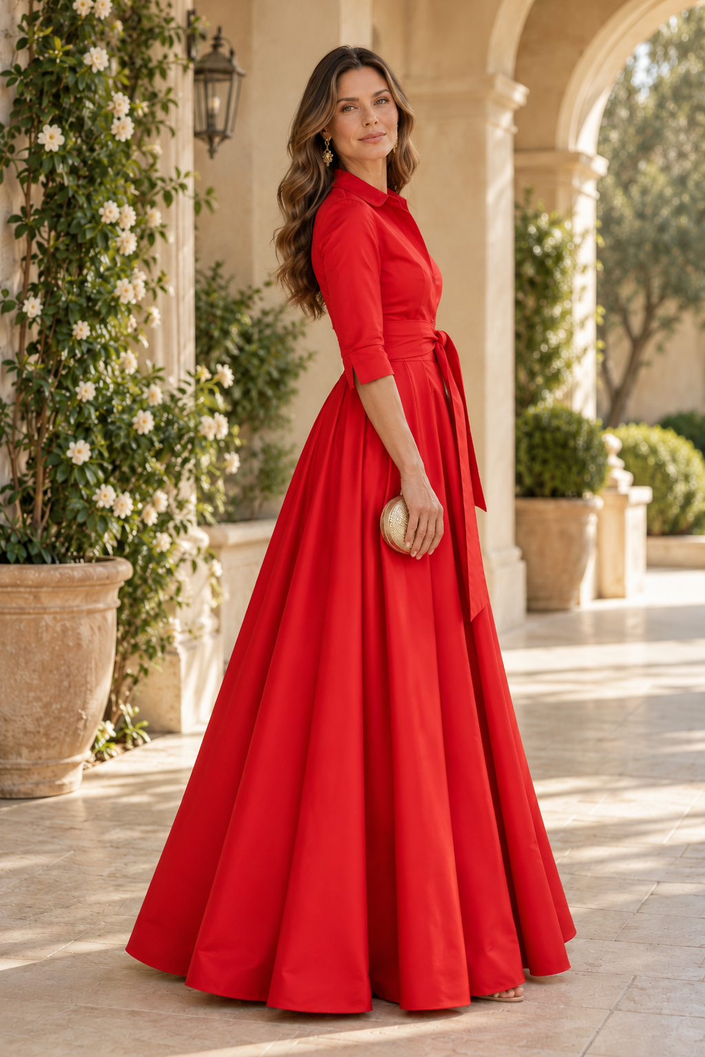 Collared Shirtdress Gown with Tie Waist