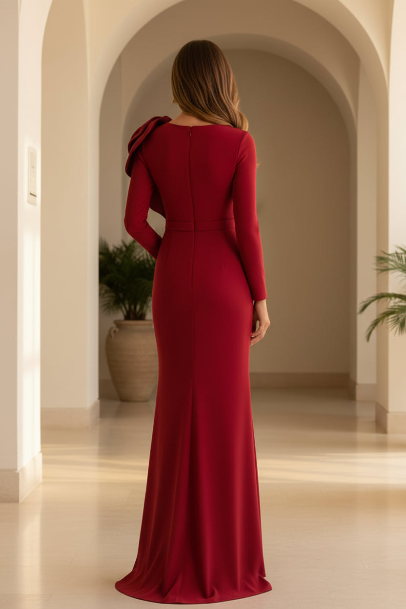 Elegant Long Sleeve Column Gown with 3D Floral Detail
