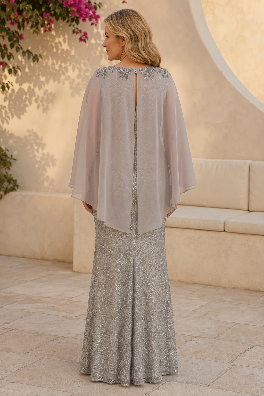 Sequined Sheath Gown with Embellished Cape