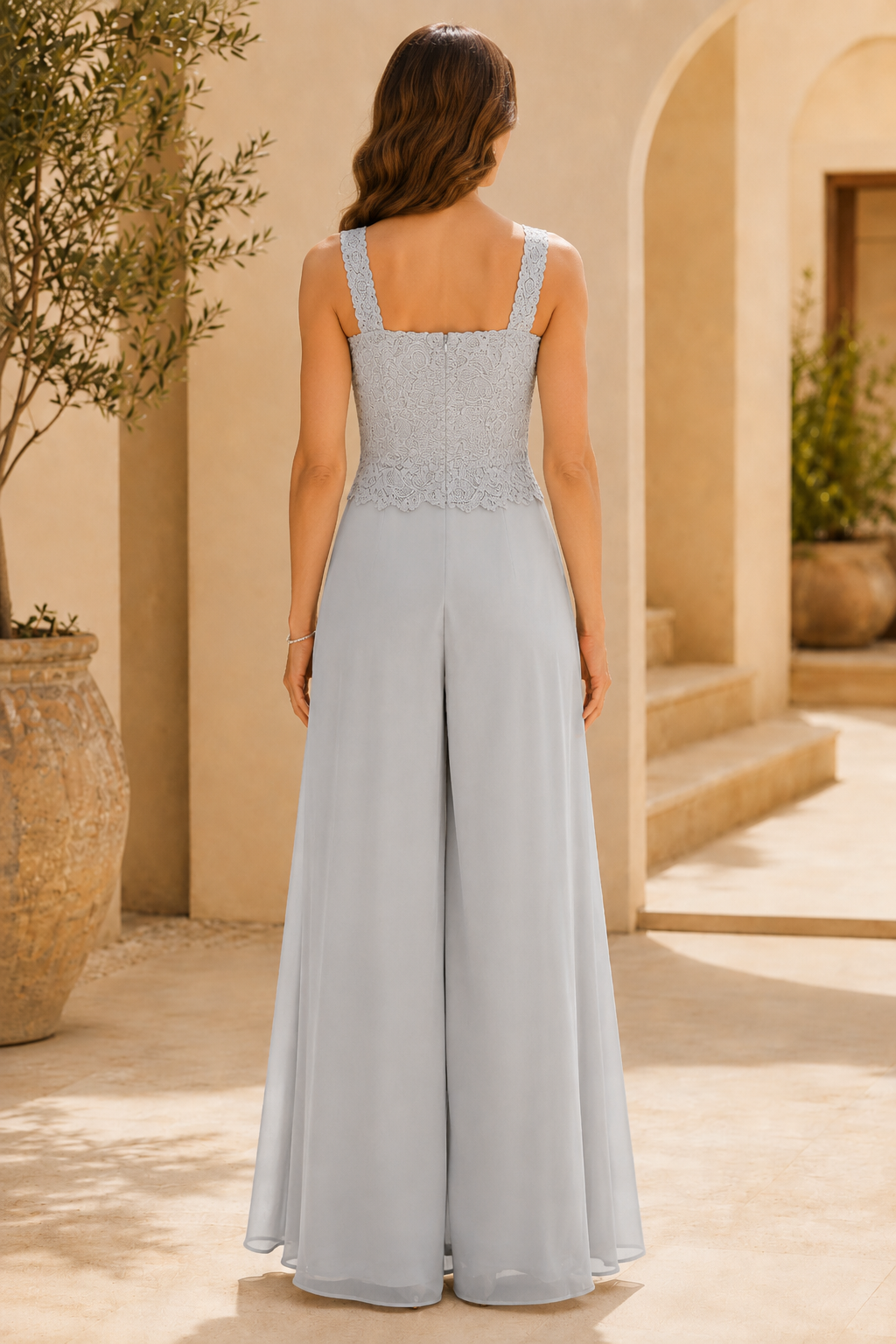 Lace Bodice Wide-Leg Pantsuit with 3/4 Sleeve Jacket