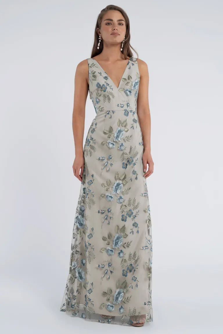Floral Embroidered V-Neck A-Line Gown