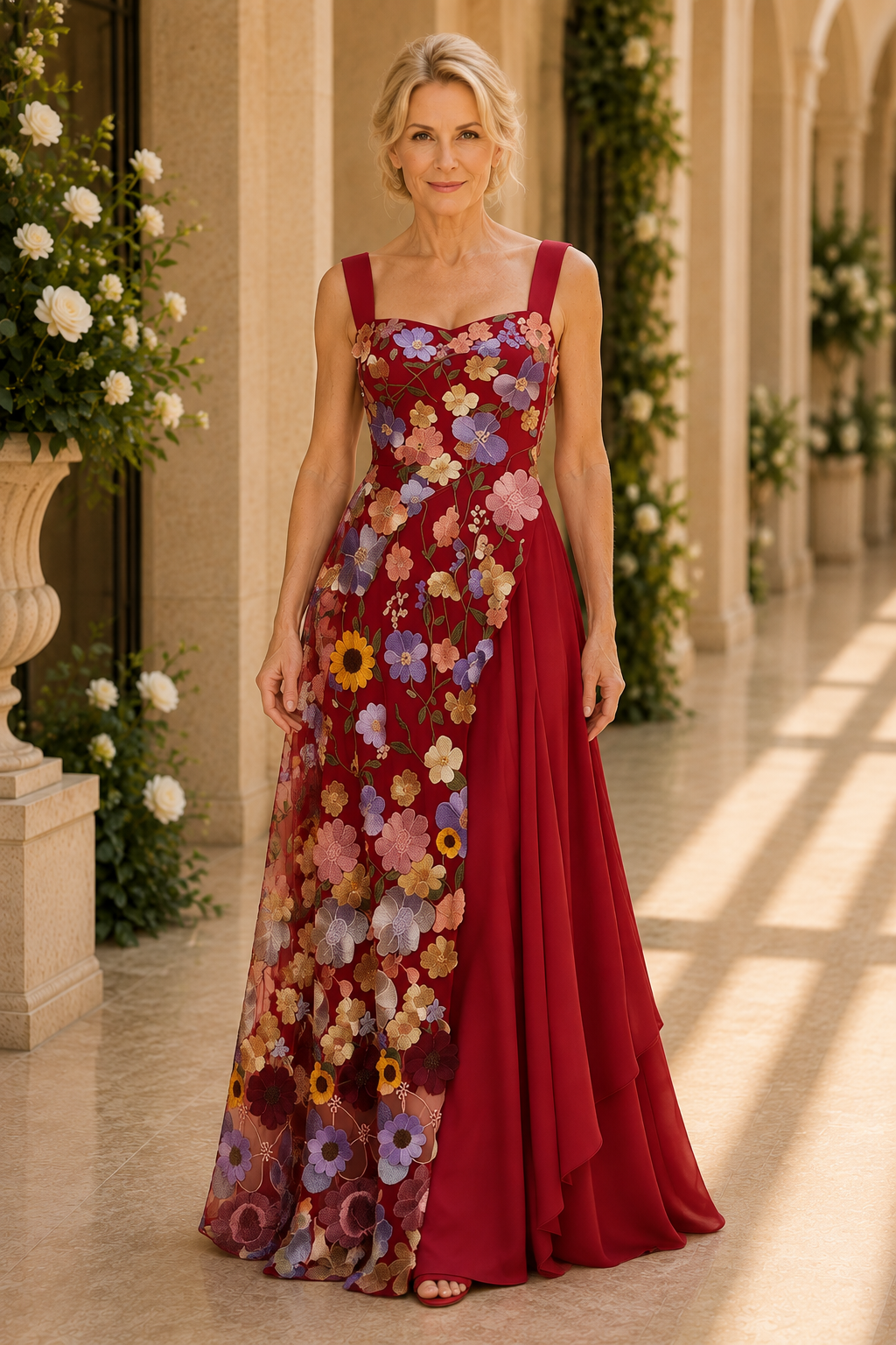 Embroidered Floral Asymmetrical A-Line Gown