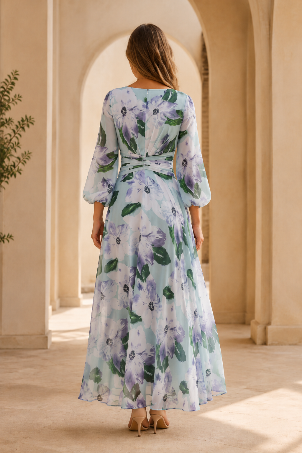 Floral Print V-Neck Maxi Dress with Long Sleeves