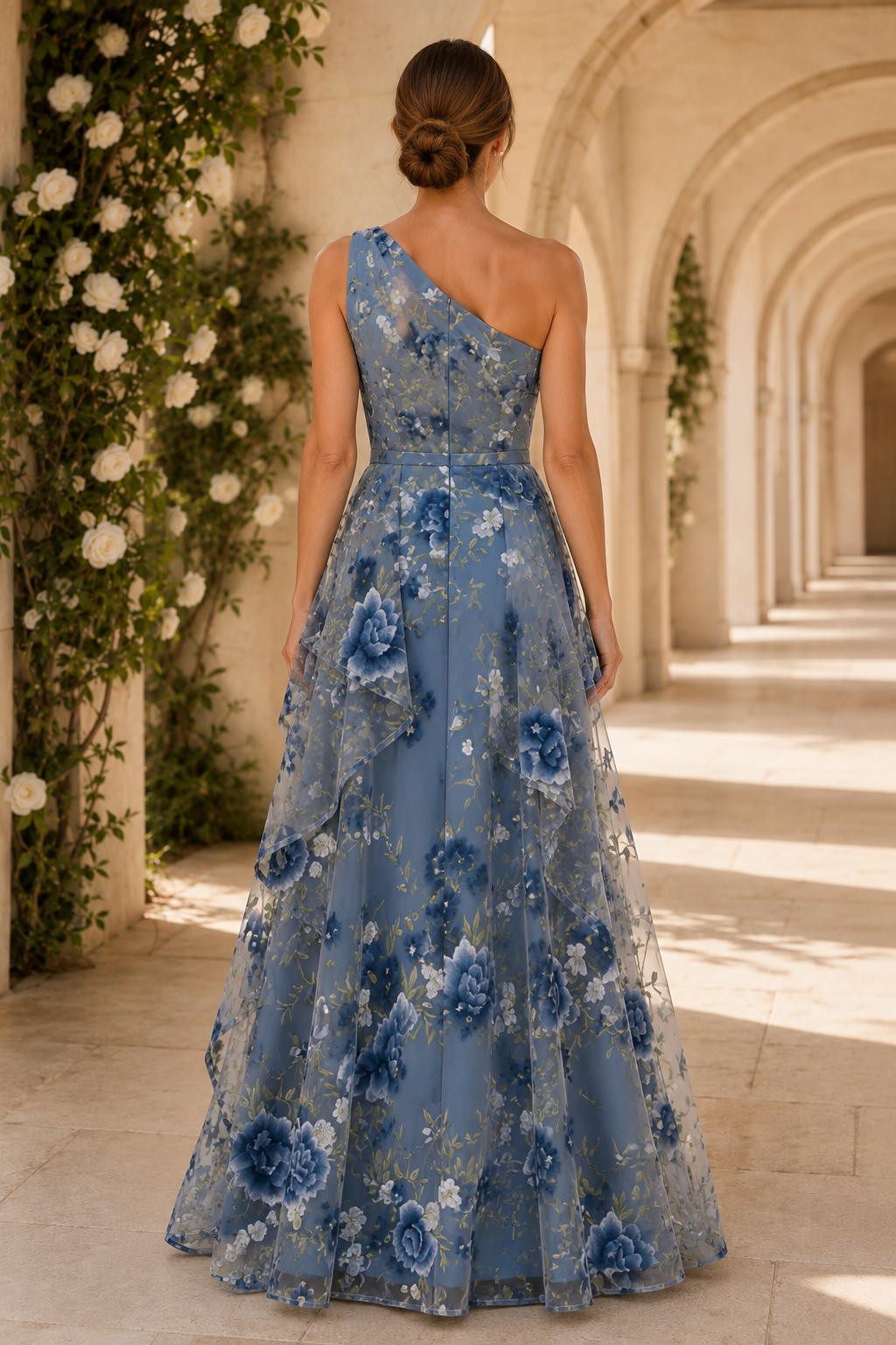 Floral One-Shoulder Tiered A-Line Gown