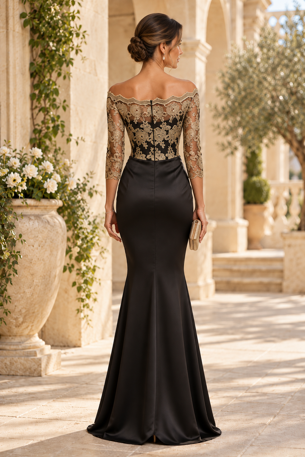 Embroidered Lace Bodice Mermaid Evening Gown