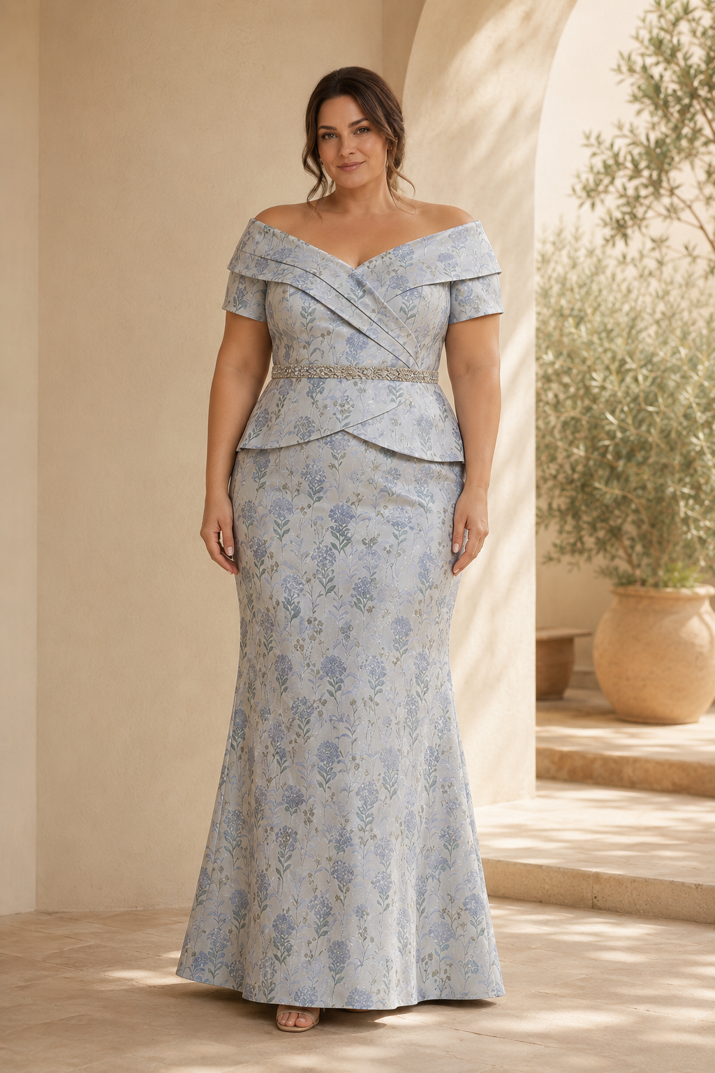 Off-the-Shoulder Peplum Jacquard Mermaid Gown