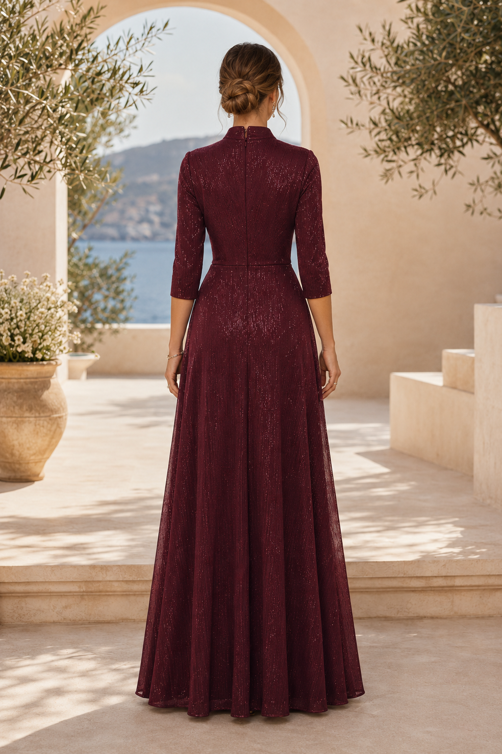 3/4 Sleeve A-Line Gown with Cascading Side Ruffle