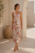 Floral Jacquard Midi Dress with Tie Straps