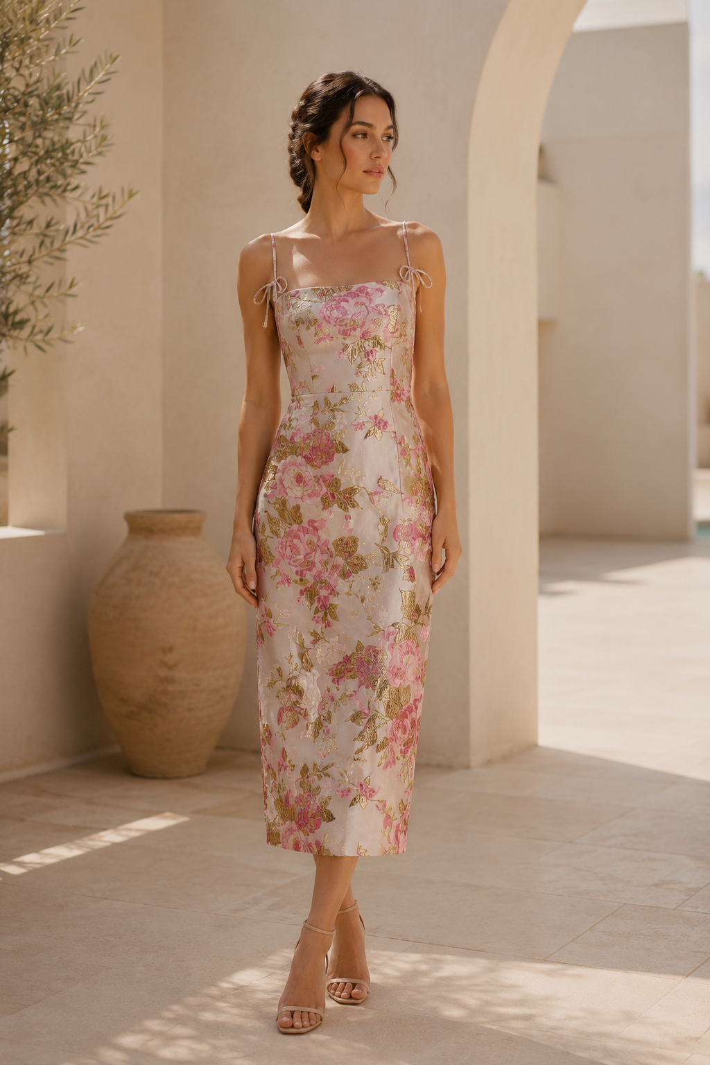 Floral Jacquard Midi Dress with Tie Straps