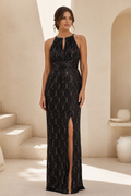 Sequin Halter Neck Sheath Gown with High Slit