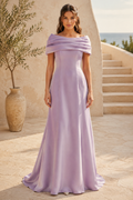 Off-the-Shoulder Satin Gown with Back Cascade Bow