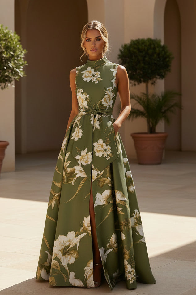 Floral Print High Neck Sleeveless Ball Gown