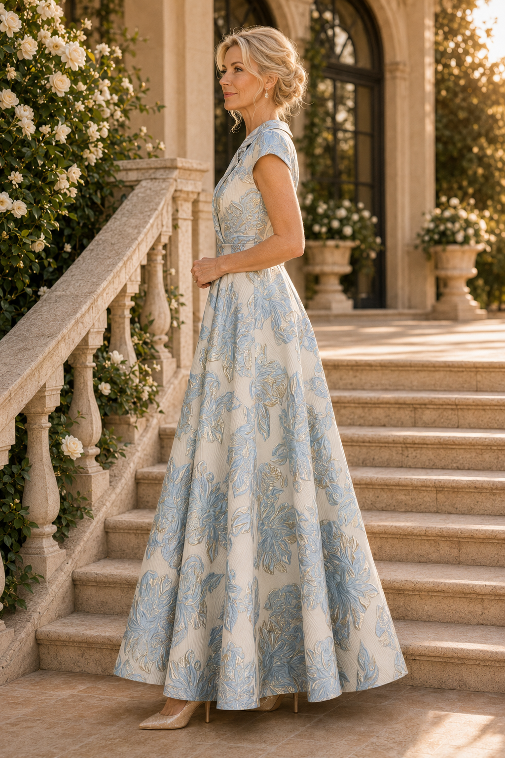 Floral Jacquard Cap Sleeve A-Line Gown