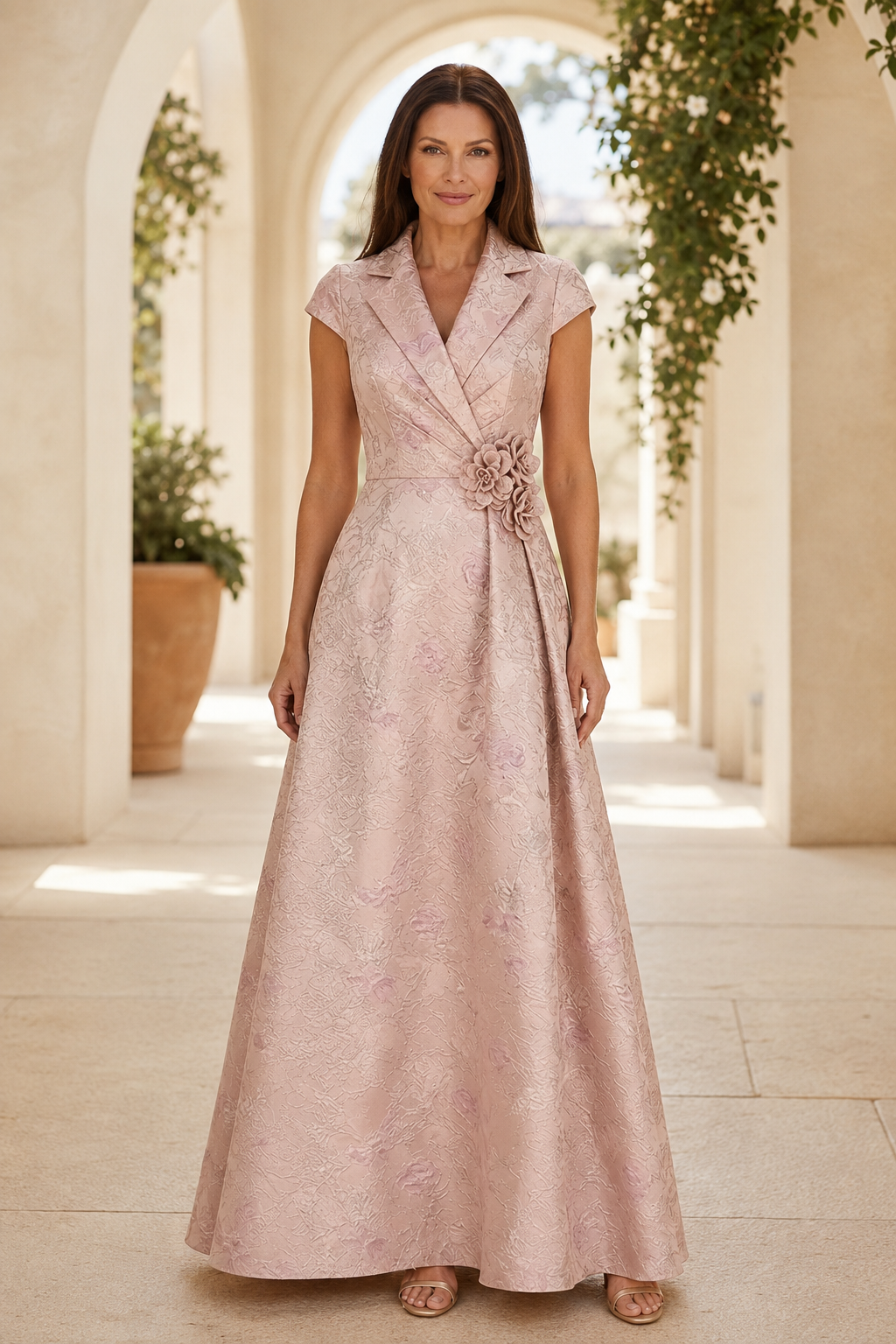 Notched-Collar Jacquard Evening Gown with Cap Sleeves