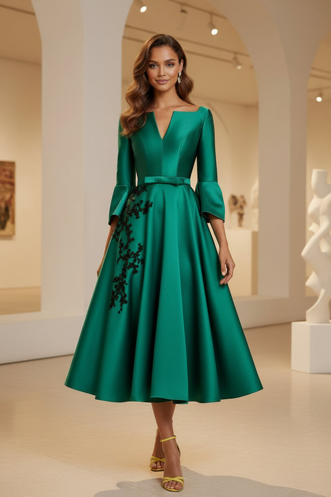 Satin A-Line Midi Dress with Bell Sleeves & Bow
