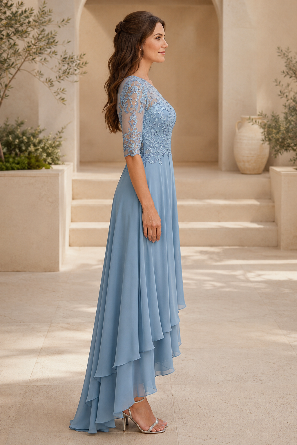 Illusion Lace Bodice High-Low Chiffon Evening Gown