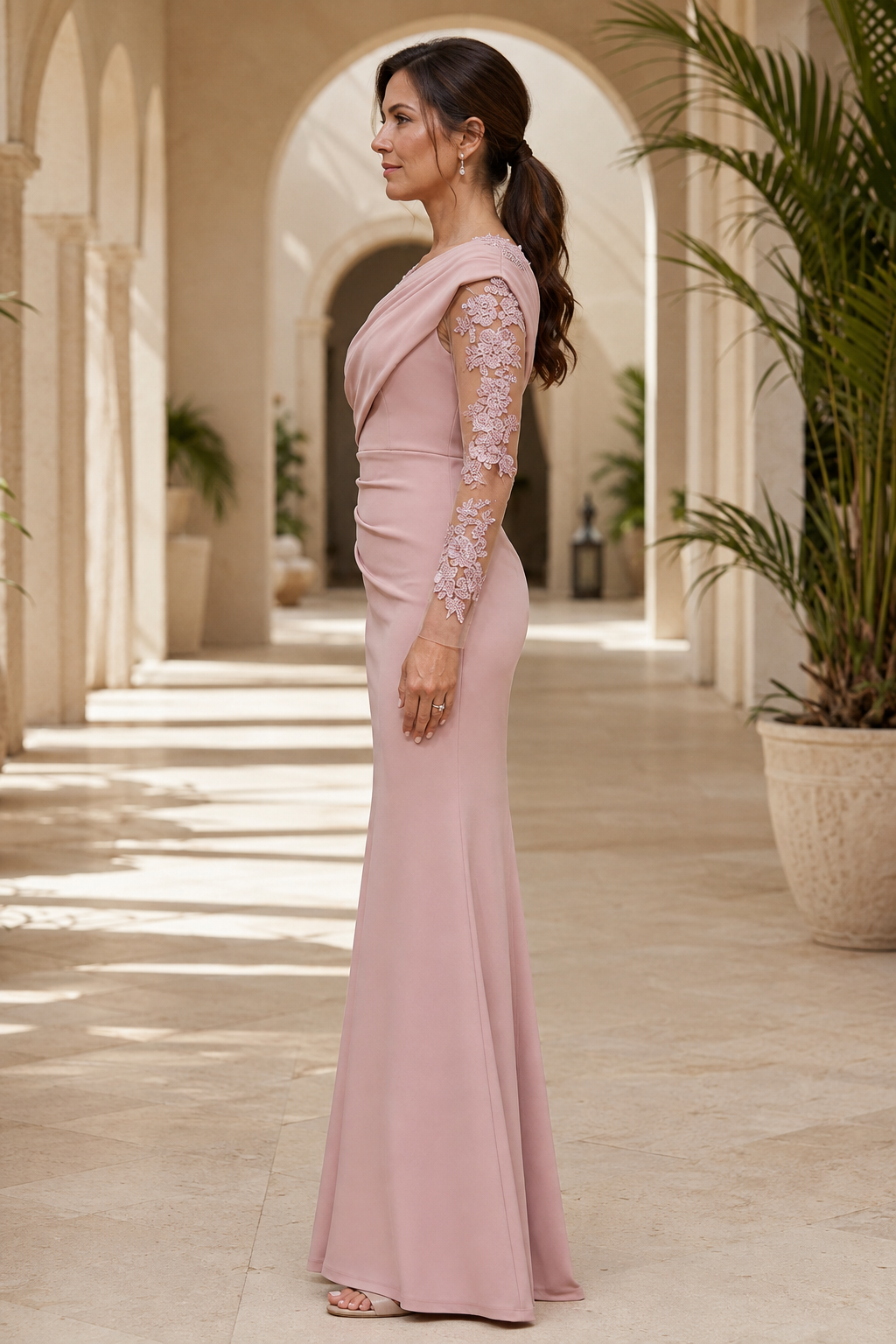 Draped One-Shoulder Gown with Illusion Floral Sleeves