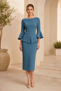 Midi Sheath Peplum Dress with Bell Sleeves