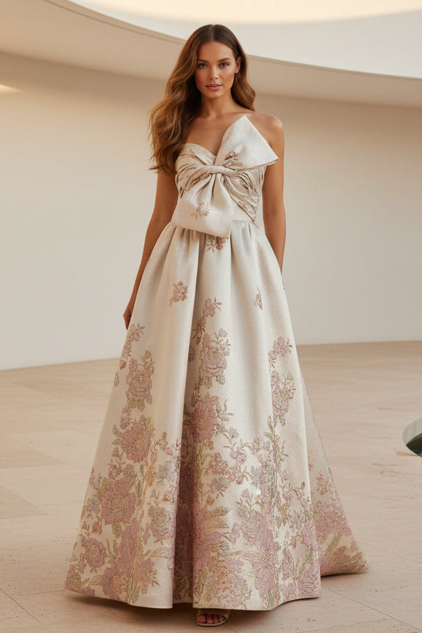 Strapless Bow-Detail Floral Jacquard Gown