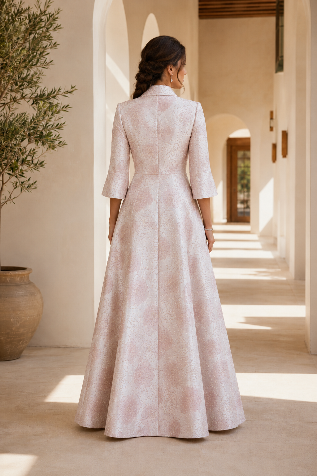 A-Line Floral Jacquard Dress with 3/4 Bell Sleeves