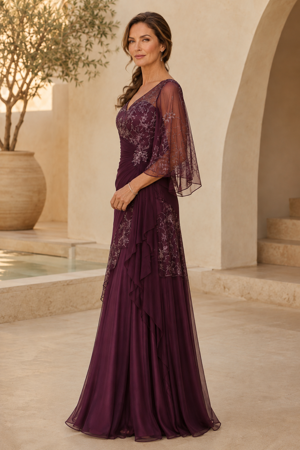 Embroidered Ruched A-Line Gown with Bell Sleeves