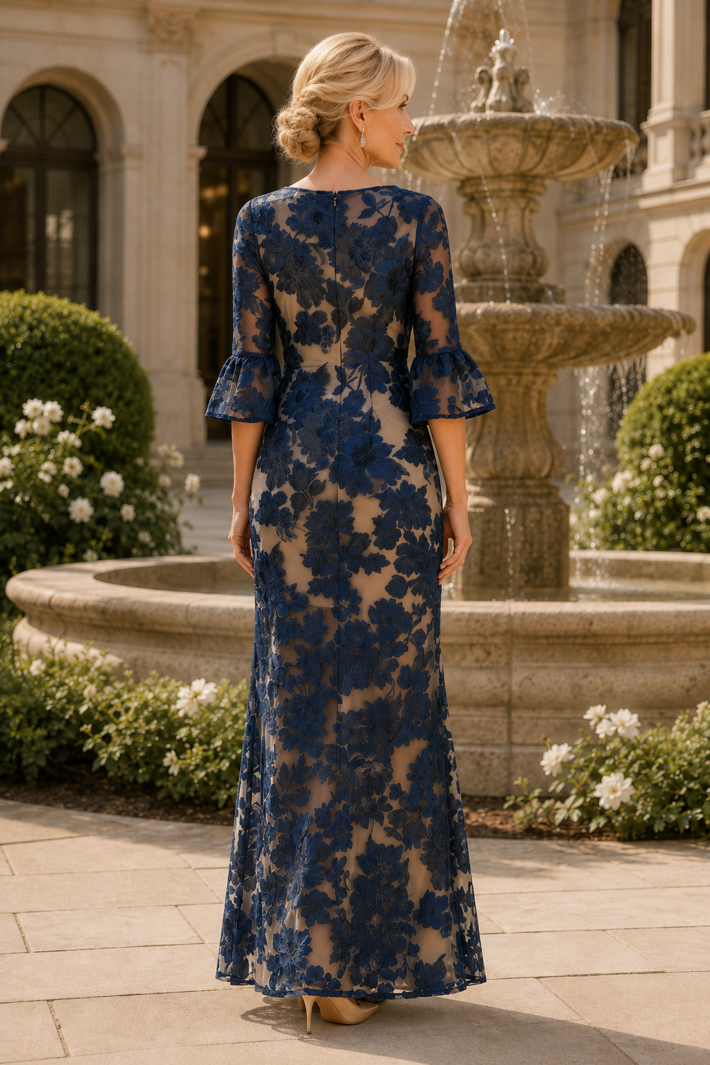 Floral Lace Bell Sleeve Floor-Length Evening Gown