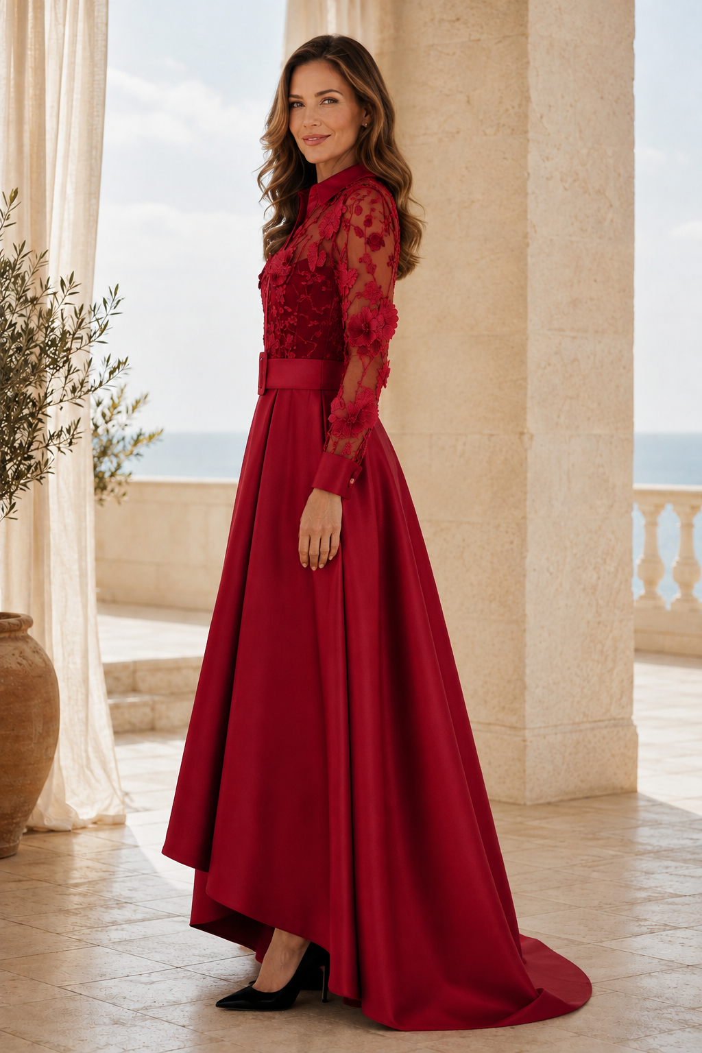 3D Floral Lace Shirt Gown with High-Low Skirt