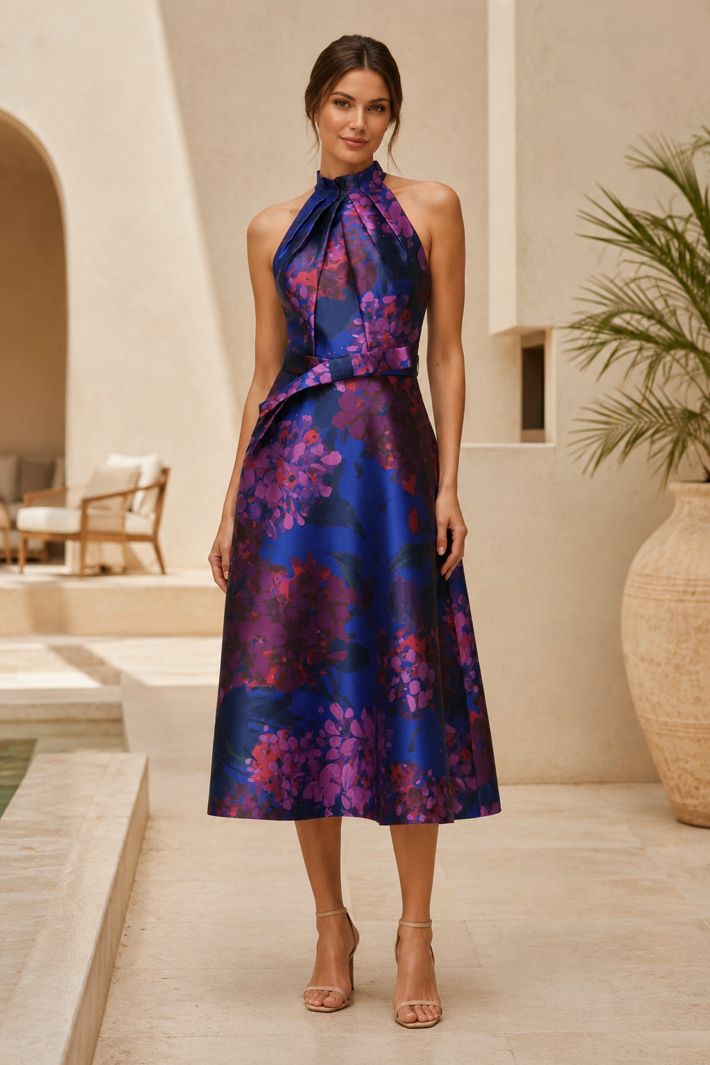 Halter Neck Floral Print A-Line Midi Dress
