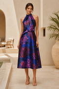 Halter Neck Floral Print A-Line Midi Dress