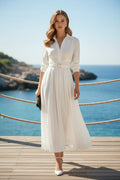 Pleated Maxi Shirt Dress with Belt and Pockets