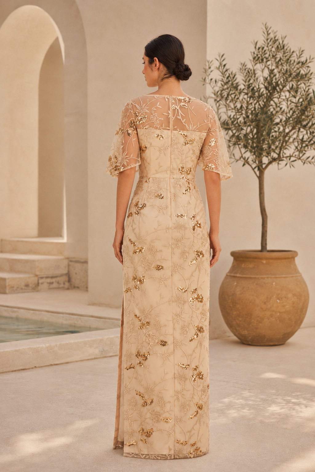 Illusion Neckline Sequin Embroidered Sheath Gown