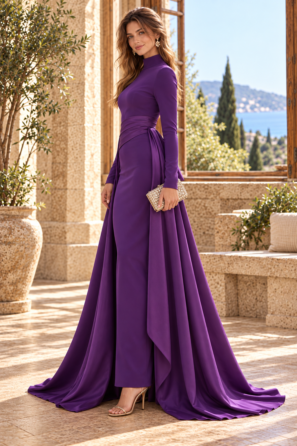 High Neck Long Sleeve Gown with Overskirt