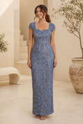 Floral Lace Cap Sleeve Sheath Evening Gown