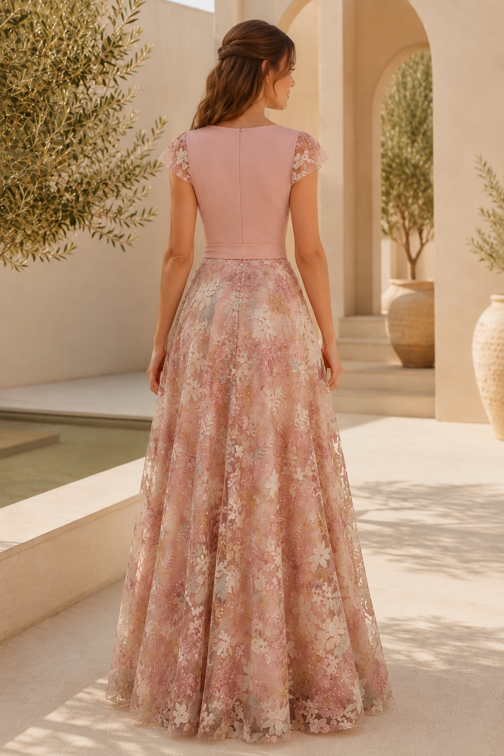 V-Neck A-Line Lace Evening Gown with Sash