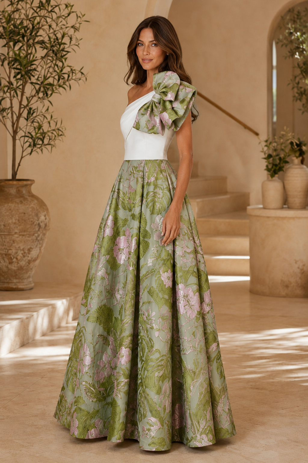 One Shoulder Floral Jacquard A-Line Evening Gown