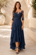 Illusion Lace Applique Gown with High-Low Ruffled Skirt