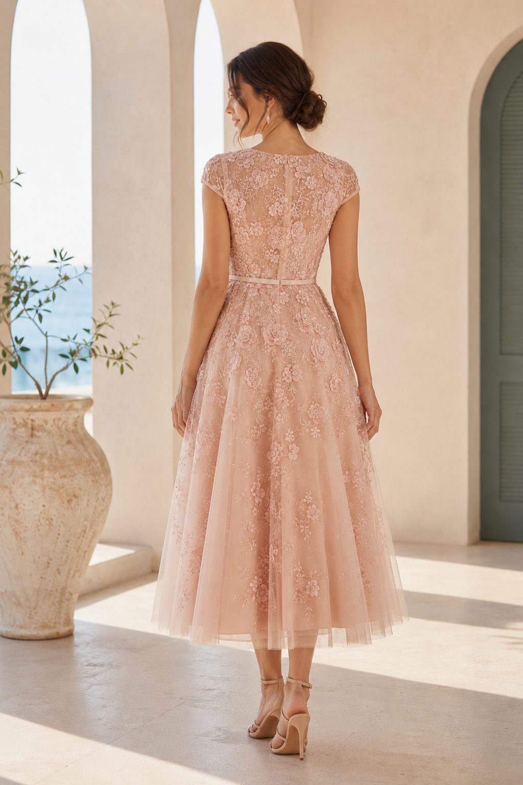 Floral 3D Applique Tea-Length Tulle Dress