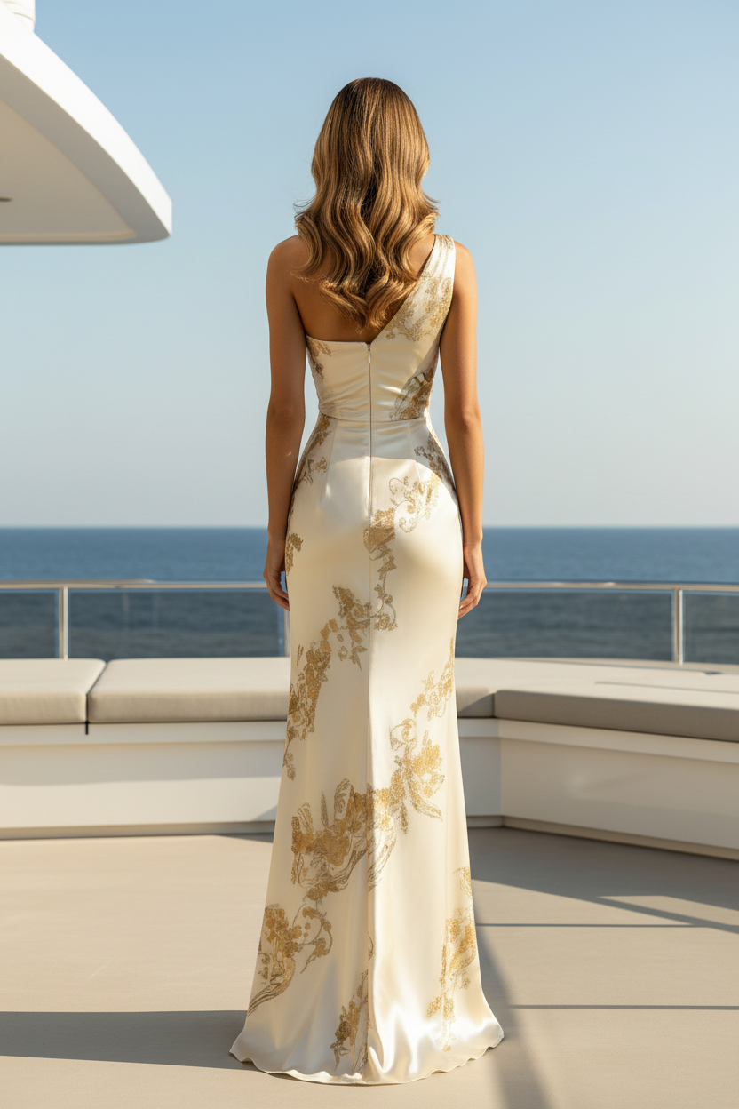 One-Shoulder Metallic Floral Satin Column Gown