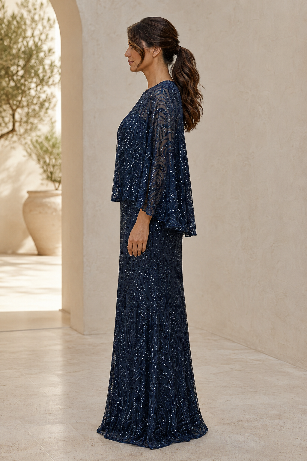 Sequin Cape Overlay Floor-Length Evening Gown