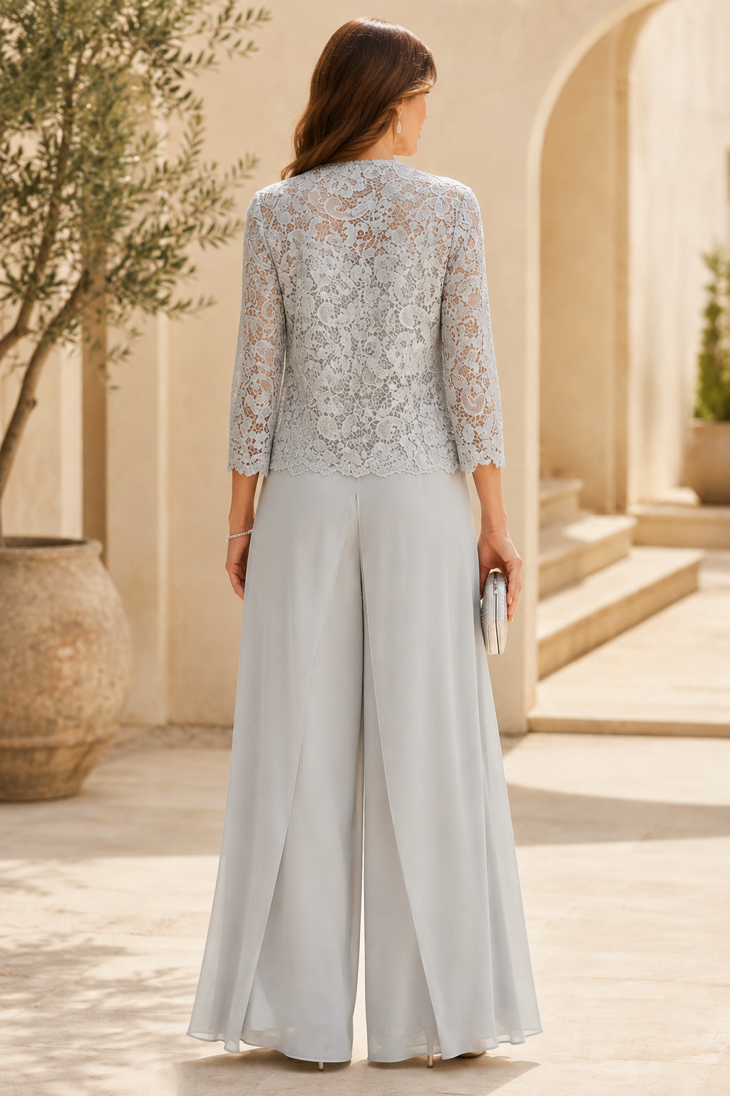 Lace Bodice Wide-Leg Pantsuit with 3/4 Sleeve Jacket