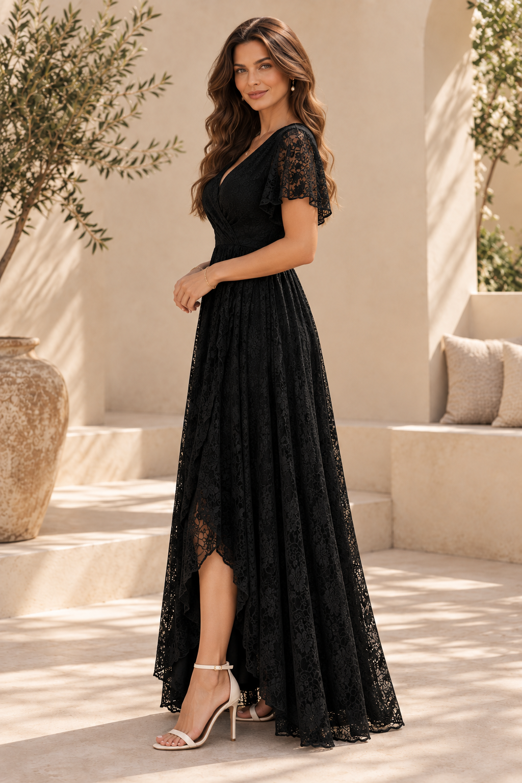 Lace Wrap Maxi Dress with Flutter Sleeves
