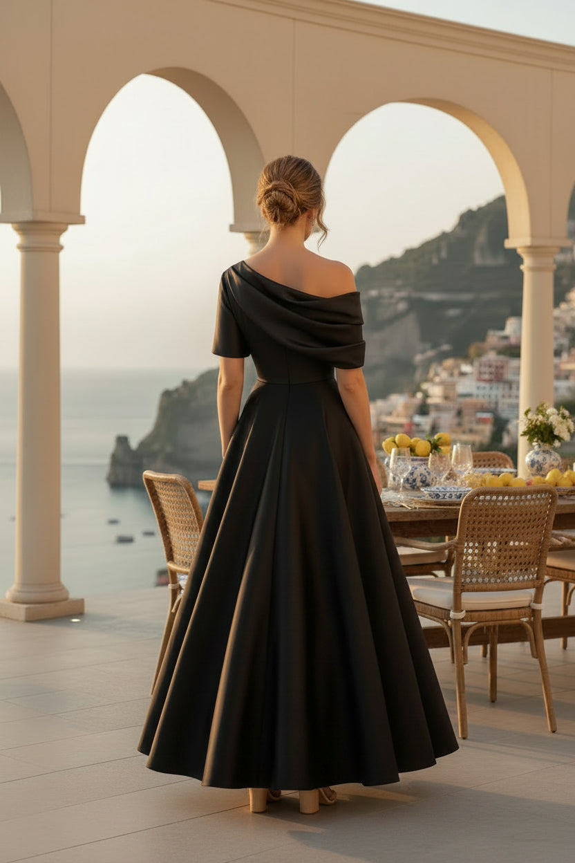 Asymmetrical One-Shoulder Satin Midi Dress with Pockets