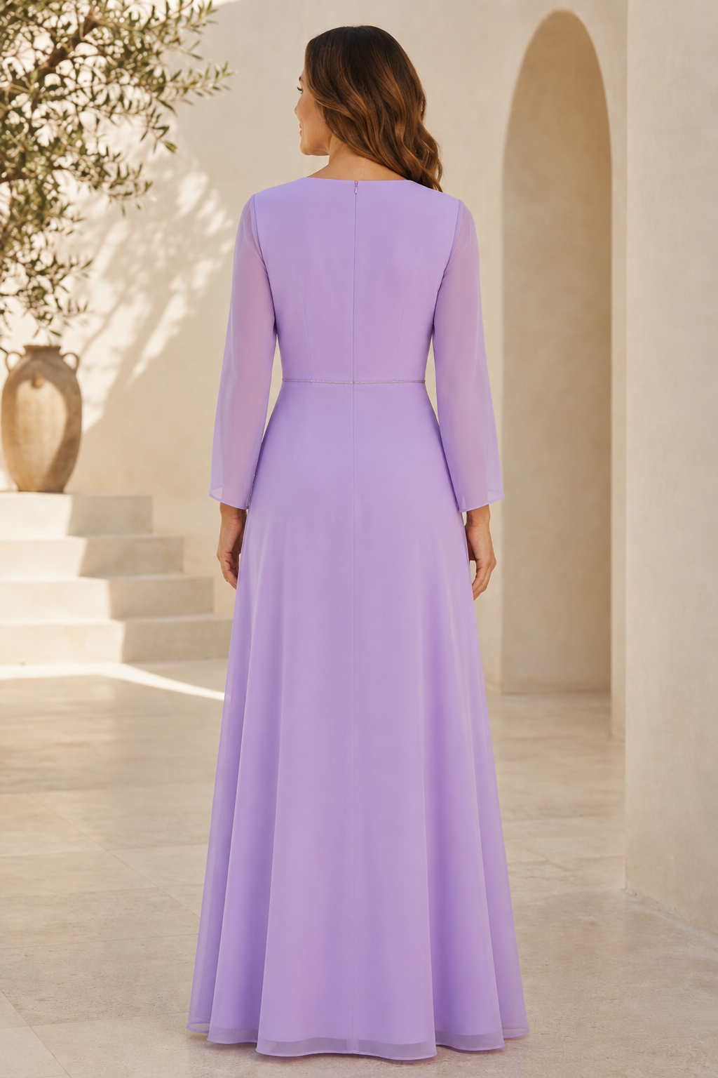 Pleated Chiffon A-Line Evening Gown with Sleeves
