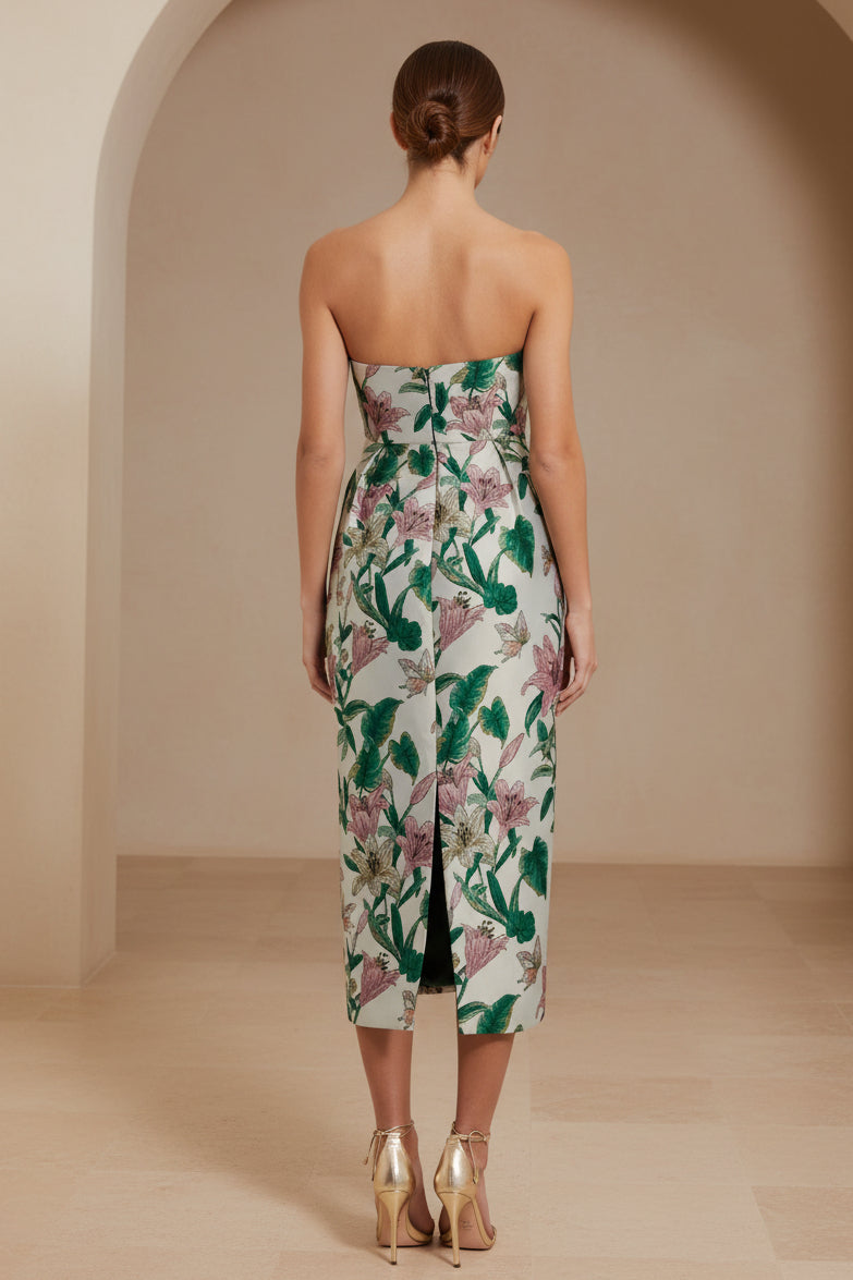 Strapless Jacquard Midi Dress with Pockets