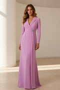 Shawl Collar Long Sleeve Crepe Evening Gown