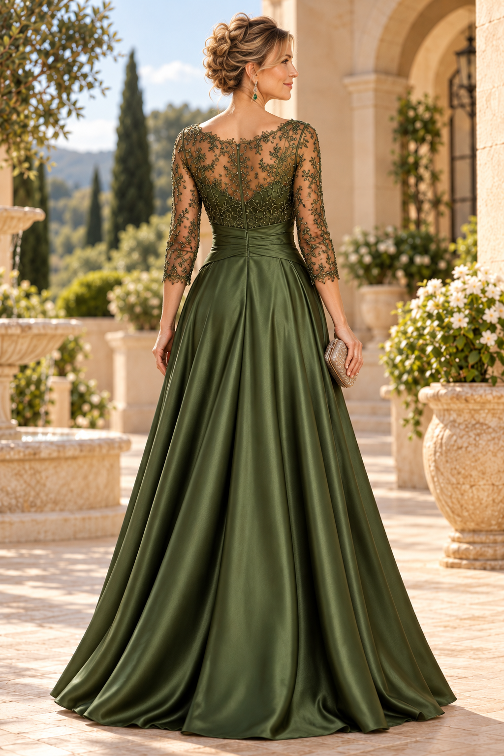Embroidered Illusion Bodice Satin A-Line Gown